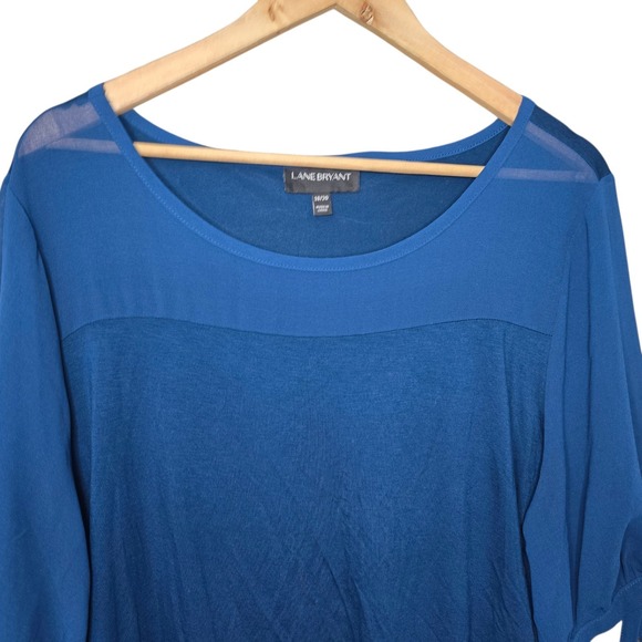 Lane Bryant Top Womens Plus 18/20 Blue Mixed Media Tie Puff Sleeve Blouse Casual - Picture 4 of 7